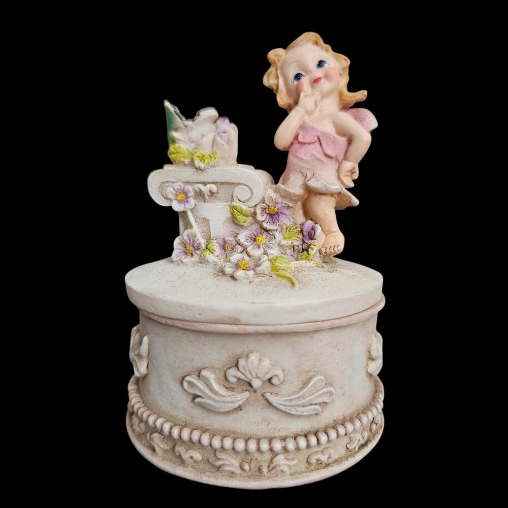 Girl Butterfly Floral Vanity Trinket Box Resin Figurine Keepsake Pastel